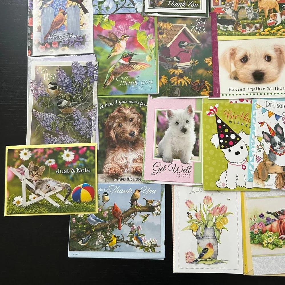 Mixed Lot of 28 Greeting Cards w/ Envelope Dogs Puppies Cats Kittens and Birds